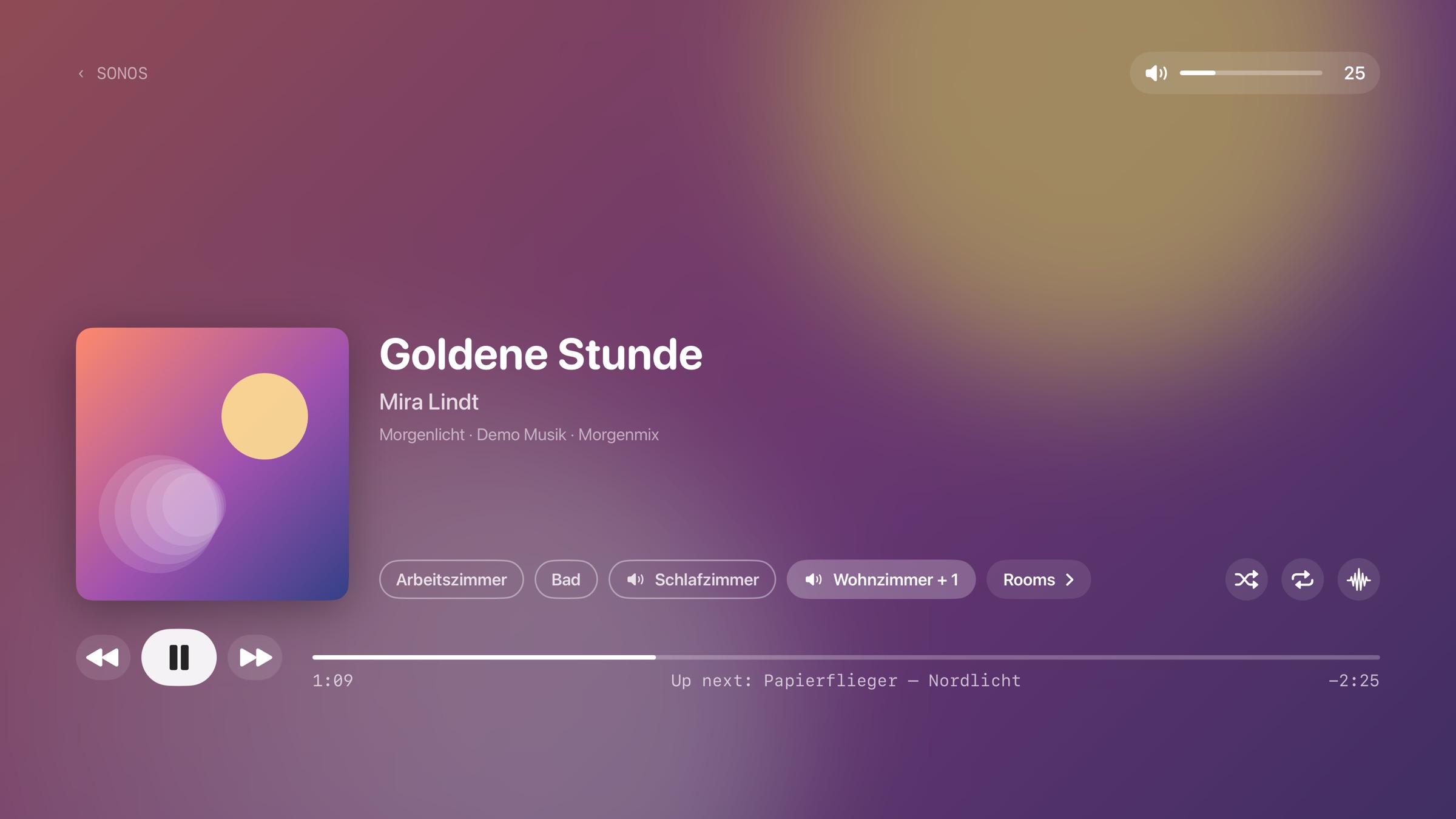 Full-screen player with cover, title, rooms, volume and progress