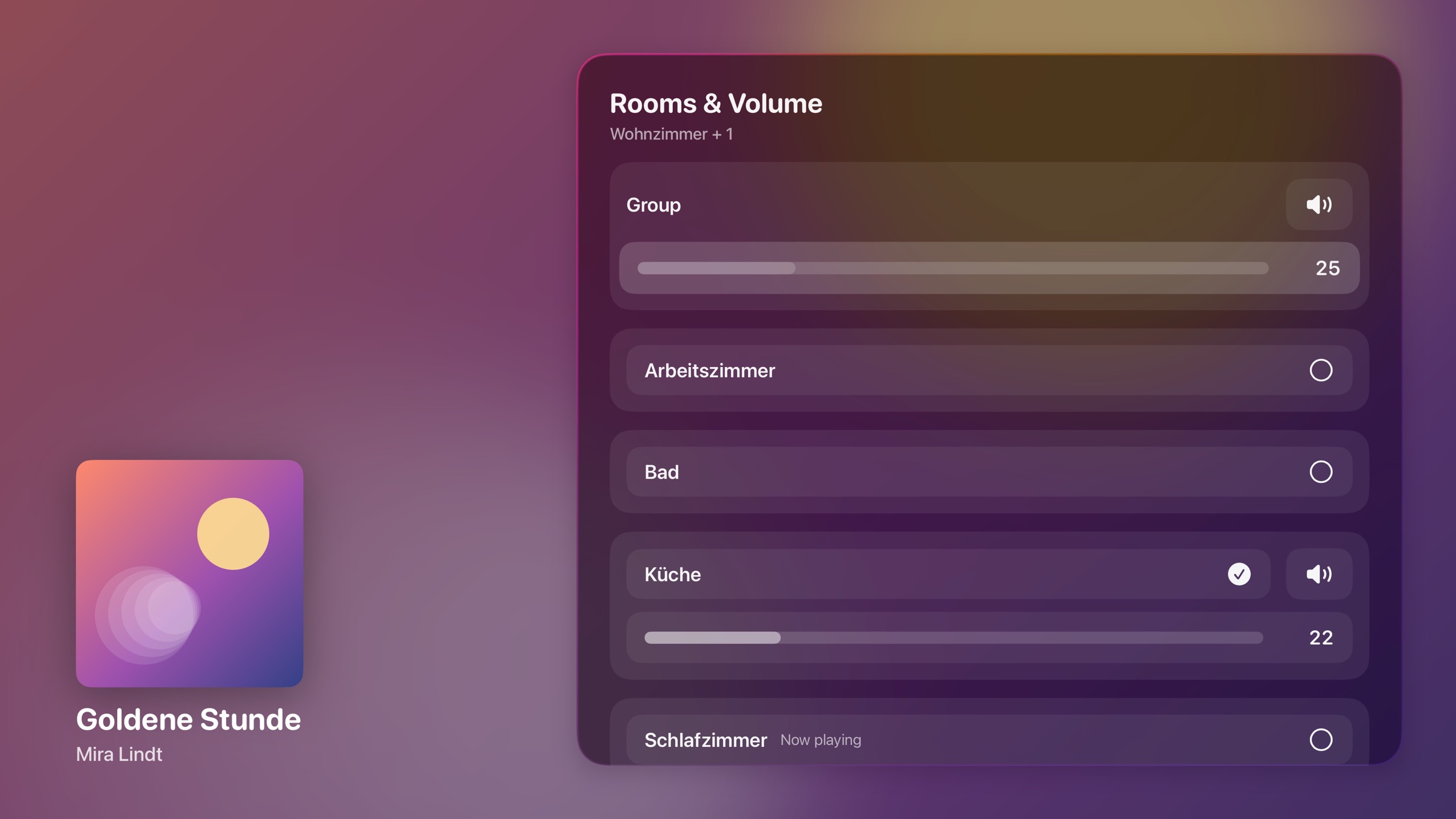 Rooms and volume panel with group volume and individual rooms