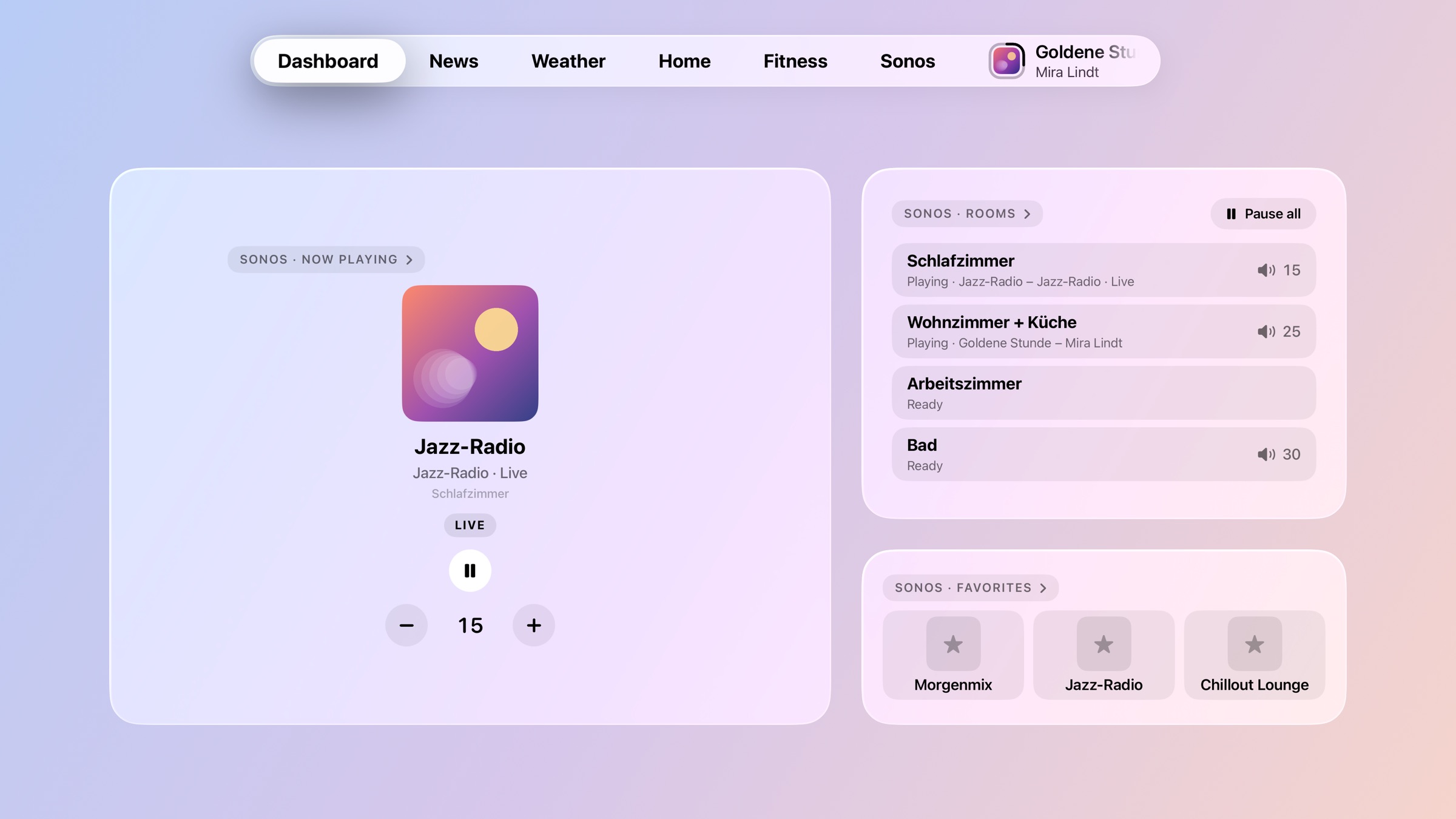 Start screen with the Sonos widgets Now playing, Rooms and Favorites