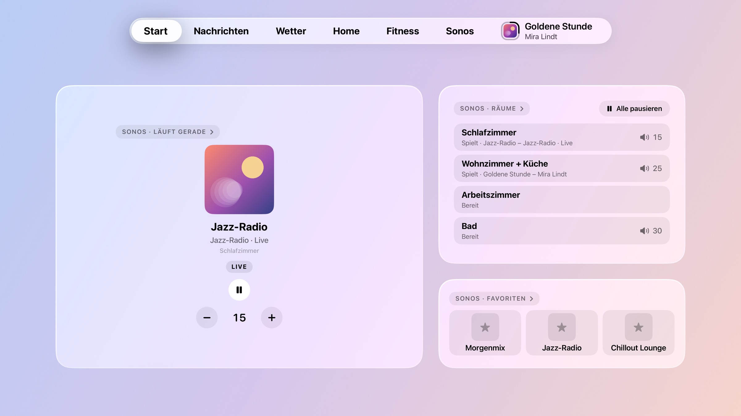 Startseite mit den Sonos-Widgets „Läuft gerade“, „Räume“ und „Favoriten“